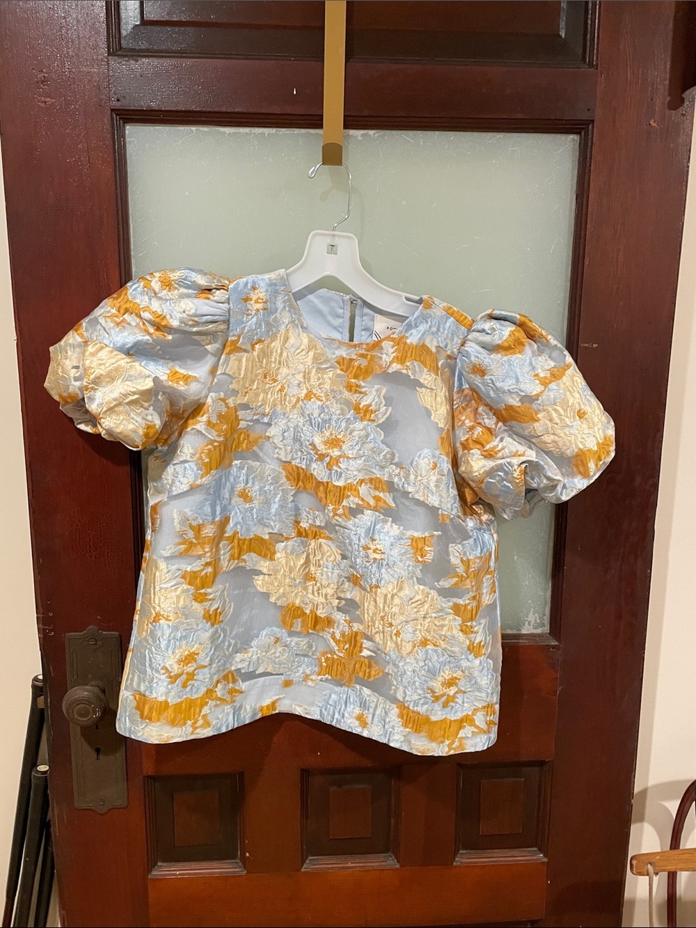Pomander Place Light Blue & Gold Puff-Sleeve Floral Top